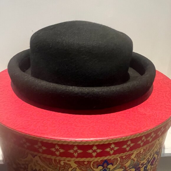 Vintage 80s Italy Black 100% Wool Bowler Brim Hat Classic - Picture 1 of 3